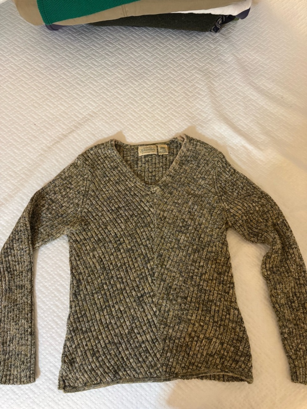 V-neck Marled Rib Knit Women's Sweater - green, yellow, beige tones